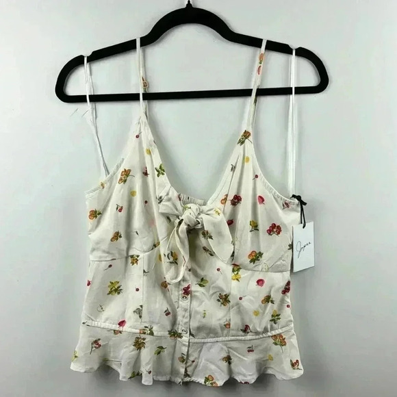 JAPNA Top Womens Size L Sleeveless Peplum Tie Front Blouse Ruffles Fruit Motif - Picture 1 of 8